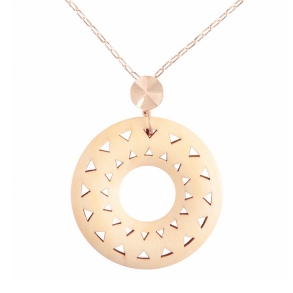 Round Laser Cut Wood Necklace Long Link Chain Gold Tone - Picture 4 of 9